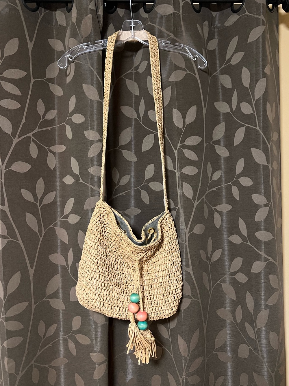 Woven Straw Shoulder Bag with Bead Tassel - Natural